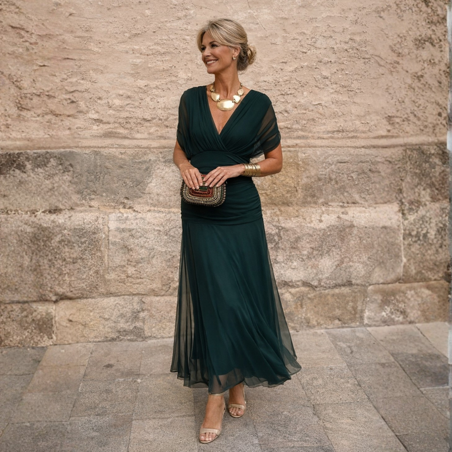 MIKAELA | VESTIDO LARGO ELEGANTE DE MUJER CON ESCOTE EN V