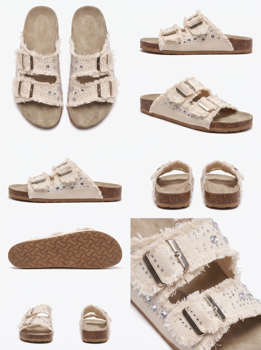 COCO | SANDALIA PLANA CON DOBLE HEBILLA Y DETALLE JOYA