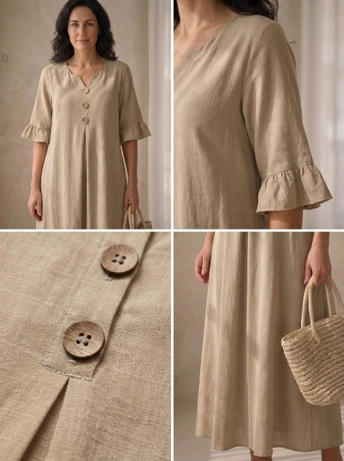 AURORA | VESTIDO LARGO BOTONES MANGA CON VOLANTES