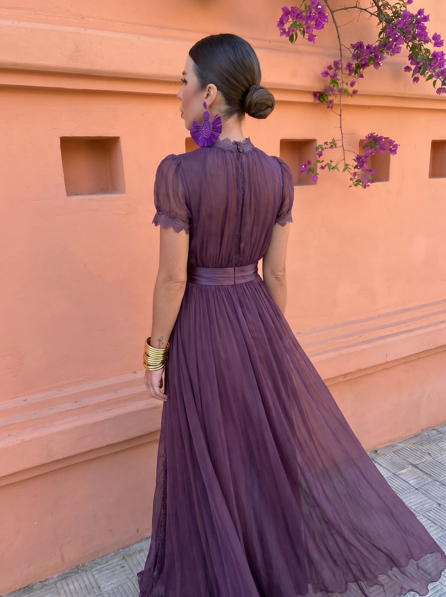 CAYETANA | VESTIDO LARGO DE CHIFÓN CON CUELLO ALTO